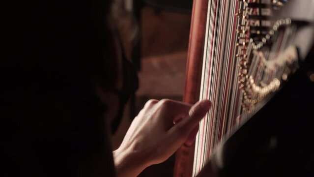Girl playing harp with her hands, single light point, over the shoulder