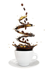 Closeup Beauty Coffee Liquid Splash with pouring coffee beans on coffee mugs isolate on white background. 3D Rendering. 