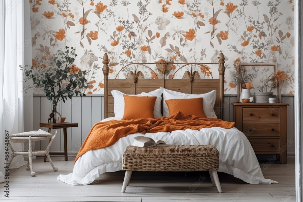 Canvas Prints white and orange farmhouse bedroom mockup. wallpaper and wood furniture. boho decor,. generative ai