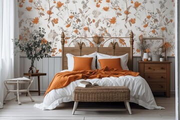 White and orange farmhouse bedroom mockup. Wallpaper and wood furniture. Boho decor,. Generative AI