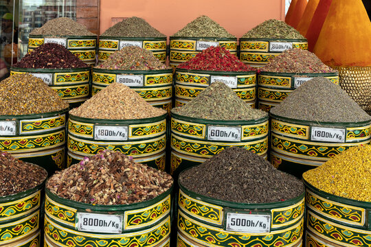 View of spices barrels in a shop in Marrakech
