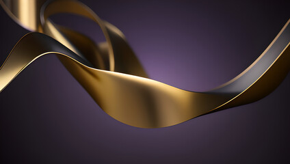 Dynamic ribbon in motion. Abstract golden fluid curved wave on purple background. AI generated design element for banners, wallpapers, covers and backgrounds