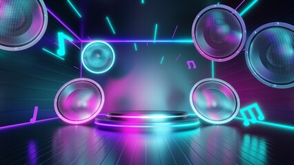 Podium show products and music with note, Neon lights, Technology abstract background, 3D rendering
