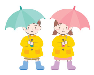 傘をさしているレインコート姿の男の子と女の子