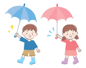 傘をさして歩いている男の子と女の子