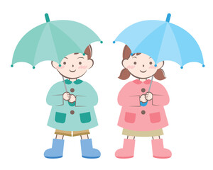 傘をさしているレインコート姿の男の子と女の子