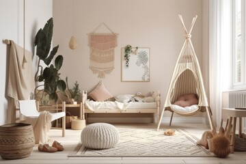 Empty contemporary kid room wall. Boho interior mockup. Free photo or poster space. Bed, rattan chair, carpet, toys. Kid friendly room. Generative AI