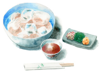 アナログ水彩そうめんと薬味と割りばし
