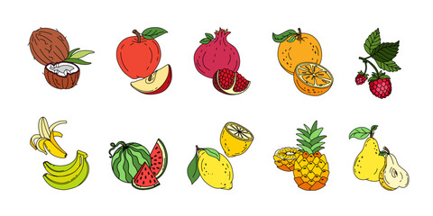 Exotic fruit set doodle Vector color illustration isolated on white background