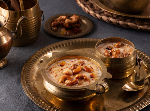 Famous Indian dessert sheer kurma or semiya payasam topped with dry fruits and nuts