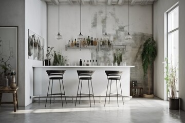 Contemporary brilliant white room decor with modern bar table and bar stools, empty wall mock up, scandinavian minimalism style,. Generative AI