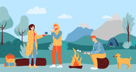 People camping. Friends having rest outdoor. Woman giving hot tea to male character. Guy sitting on log and grilling