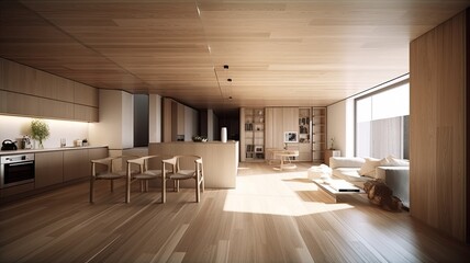 Wooden modern interior space, minimalistic clean design with natural material