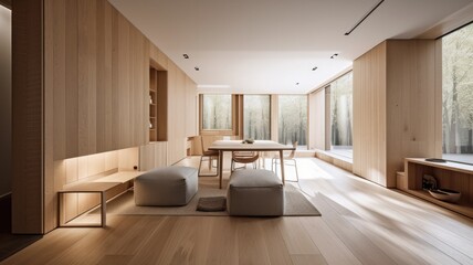 Fototapeta na wymiar Wooden modern interior space, minimalistic clean design with natural material