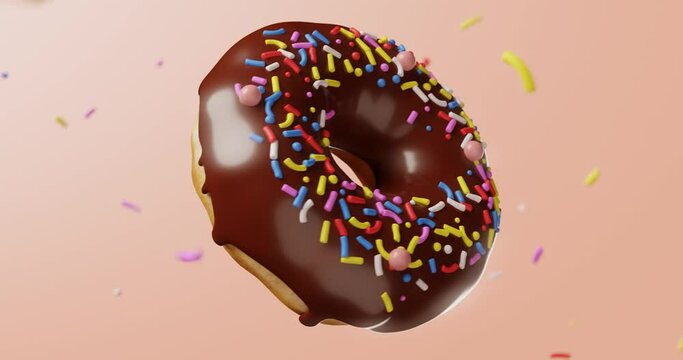 Rotating chocolate glazed donuts with sprinkles. 3d realistic background