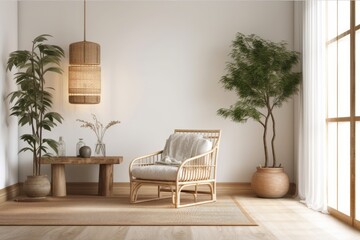 Japanese style living room. Minimalist room with bohemian armchair and empty wall mockup. Rattan and palm trees. Excellent. Generative AI