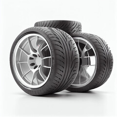 Set of four racing slicks for a sports car, white background, Generative AI
