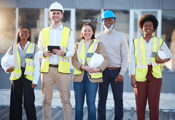 Group portrait of construction worker people, engineering or contractor team for career mindset,...