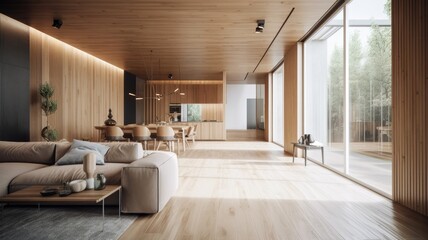 Obraz na płótnie Canvas Wooden modern interior space, minimalistic clean design with natural material