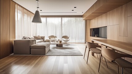 Wooden modern interior space, minimalistic clean design with natural material