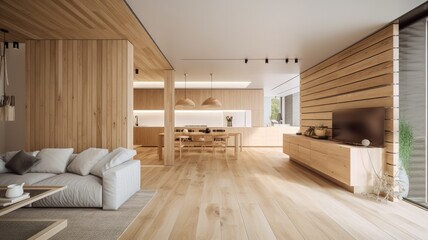 Naklejka premium Wooden modern interior space, minimalistic clean design with natural material