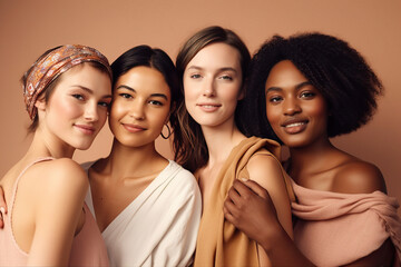 Fototapeta premium Beauty. Multi Ethnic Group of Womans with diffrent types of skin together and looking on camera. Caucasian, African and Latin posing and smiling against beige background. Generative Ai