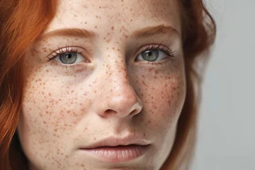 Fotobehang Portrait of woman with blue eyes and freckles. Generative Ai © Frenchiebuddha