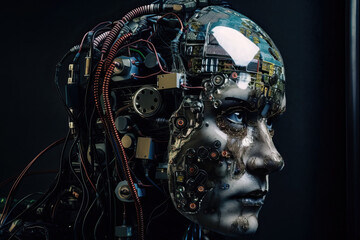 Fototapeta premium Side view of android with microchips and wires covered with metal details on black background. Generative AI