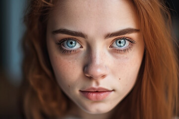 Closeup of woman with blue eyes and freckles. Generative Ai
