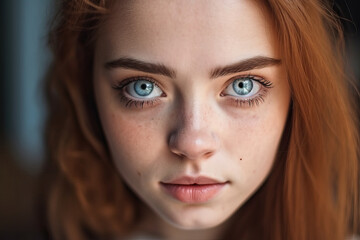 Fototapeta premium Closeup of woman with blue eyes and freckles. Generative Ai