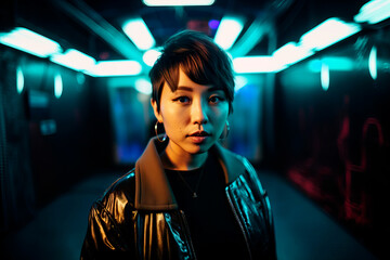 Stylish Asian woman with short hair and bright makeup in foil jacket standing in room with neon illumination and looking at camera. Generative AI