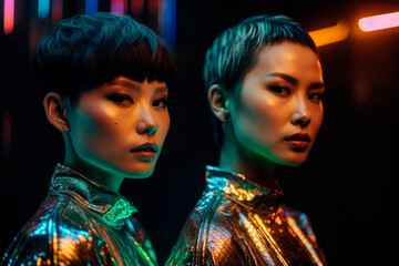 Stylish Asian women with short hair and bright makeup in foil jackets standing in room with neon illumination and looking at camera. Generative AI