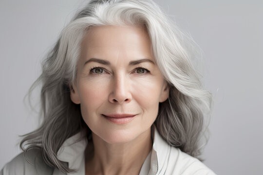 Beautiful senior woman with gray hair posing in front of gray background. Generative AI