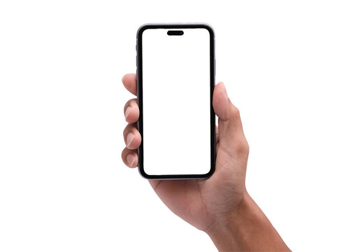 Mockup iphone hand - clipping path , Studio shot of Smartphone iPhone 13 Pro Max with blank phone screen for Infographic Global Business web site design app ios : Bangkok, Thailand - MAR 13, 2022	
