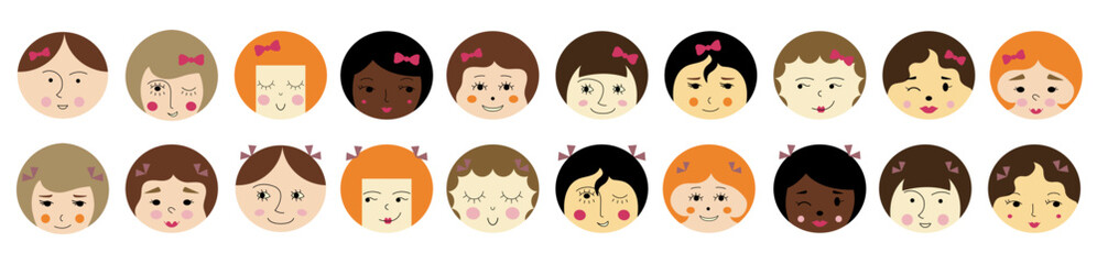 Feminine look, abstract personage, mascot design, funny face, cute icon.