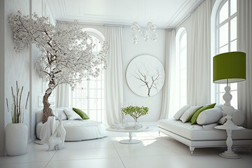 modern white interior design with spring decoration, generative AI