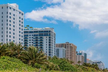 Fototapeta na wymiar Row of multi-storey modern buildings in Miami, Florida. Apartment Hotel buildings with modern exterior near the trees and plants at the front under the giant clouds in the sky on the right.