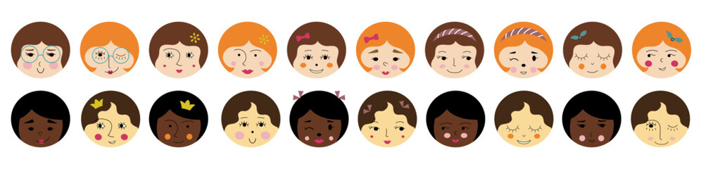 Feminine look, abstract personage, mascot design, funny face, cute icon.