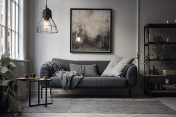 Black industrial light with stylish scandinavian couch in sunny living room. Generative AI