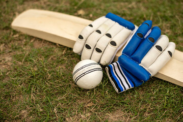 Cricket bat, white cricket ball and cricket gloves on playing ground of grass pitch field.