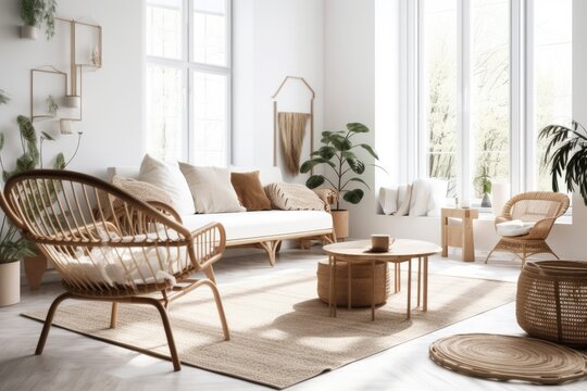 Attractive modern wooden living room with white background, Scandinavian style, Rattan home decor,. Generative AI