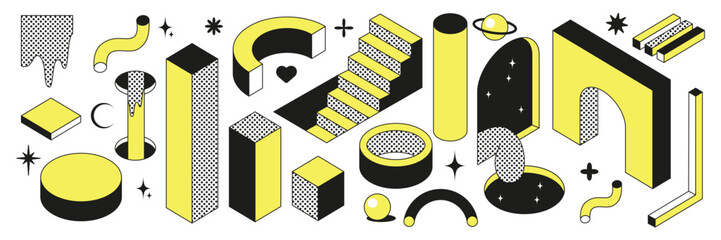 Set of abstract geometric shapes. Vector elements and signs in trendy minimal outline style. Arch, stairs, sphere etc.