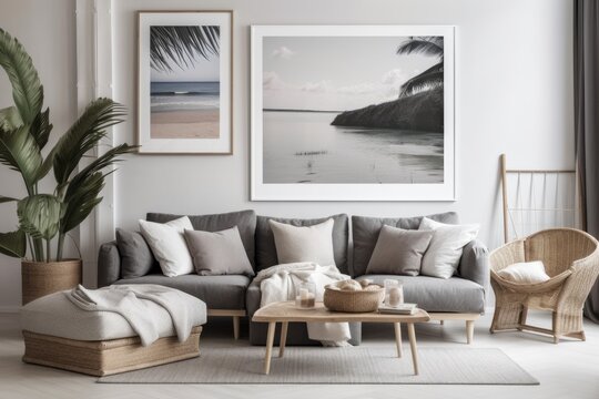 Grey seaside living room,. Generative AI