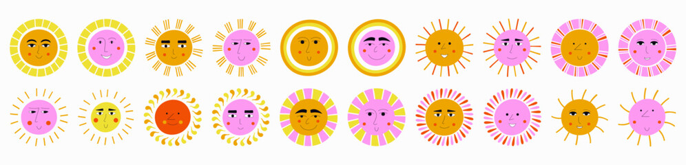 Smiling sun, abstract personage, mascot design, funny face, cute icon.