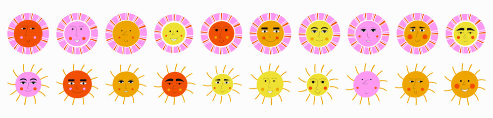 Smiling sun, abstract personage, mascot design, funny face, cute icon.