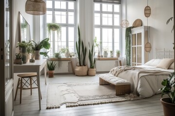 Boho elegant house with an antique white bedside table, closet, candles, and statuette. plant sansevieria, greenhouse. selectivity. elegant and comfortable interior. Generative AI