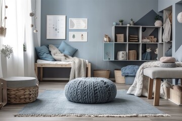 Elegant tenement kid's bedroom. Grey pouf on parquet, wooden table with bags and toys, blue bedding. Generative AI