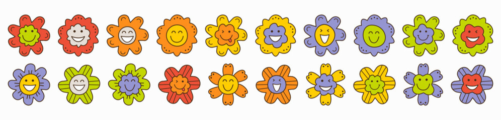 Smiling flower, abstract personage, mascot design, funny face, cute icon.