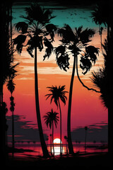 Tropical Beach Sunset with Palm Trees: Nature's Beauty Silhouette Illustration