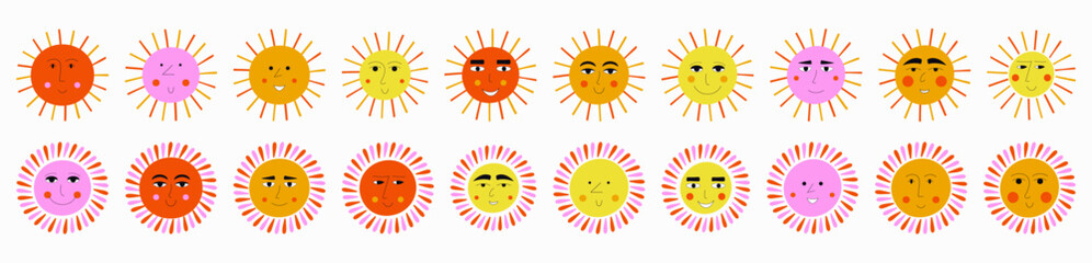 Smiling sun, abstract personage, mascot design, funny face, cute icon.